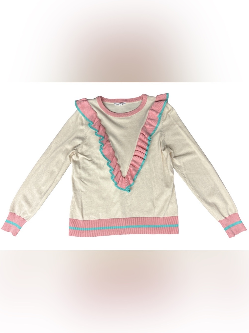 THML Anthropology Women’s S Ivory Sweater With Pink/Teal Ruffle Accents Retro